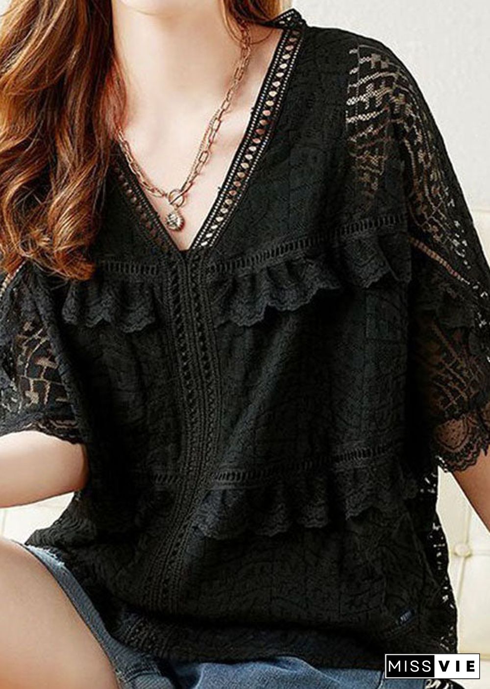 Organic Black V Neck Ruffled Embroideried Patchwork Lace Blouse Summer