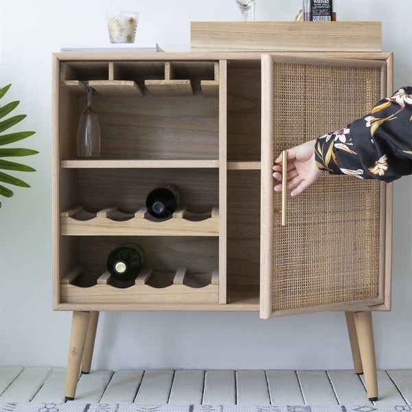 3-Tier Sideboard Buffet Cabinet with Ratten Door， Wine Rack Storage