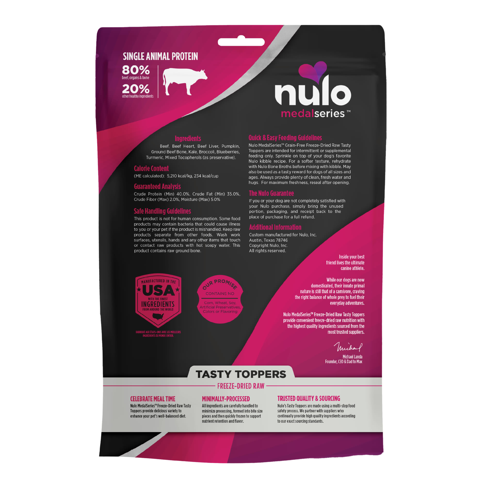 Nulo MedalSeries Tasty Toppers Beef Freeze-Dried Raw Dog Food， 6 oz.