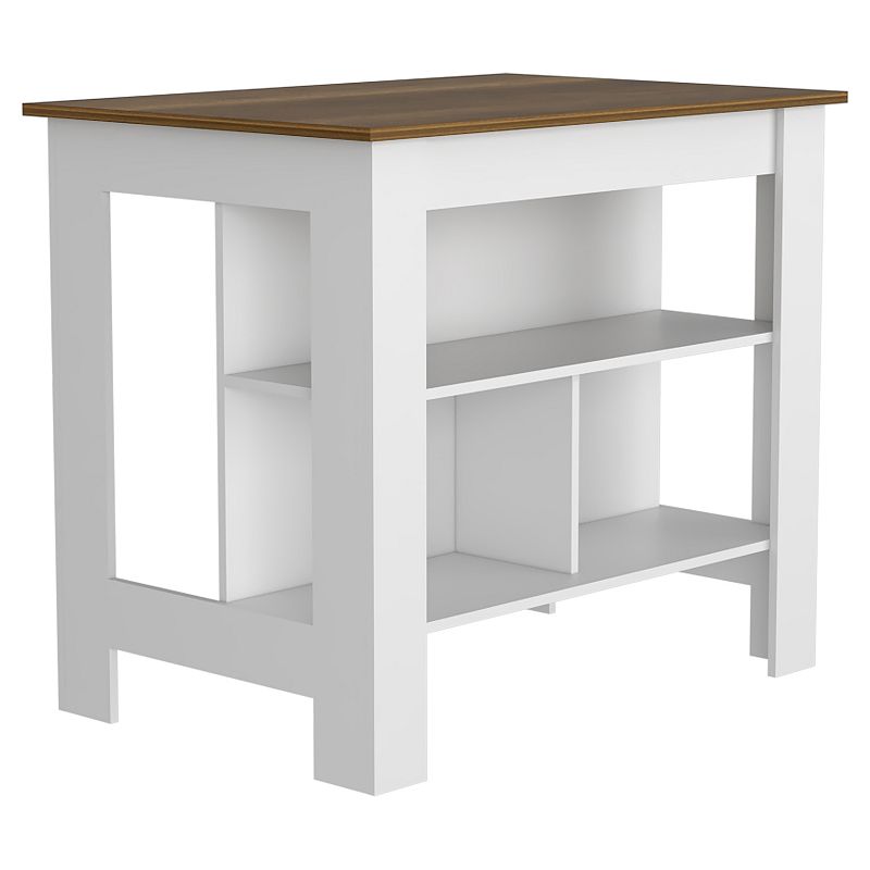 DEPOT E-SHOP Delos Kitchen Island， Four Legs， Three Shelves， White / Walnut