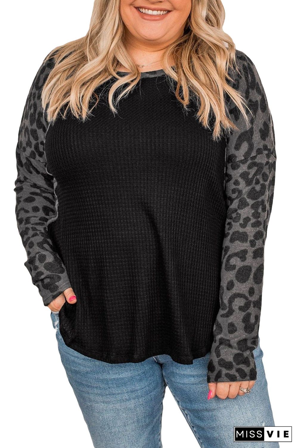 Leopard Raglan Sleeve Waffle Knit Plus Size Top