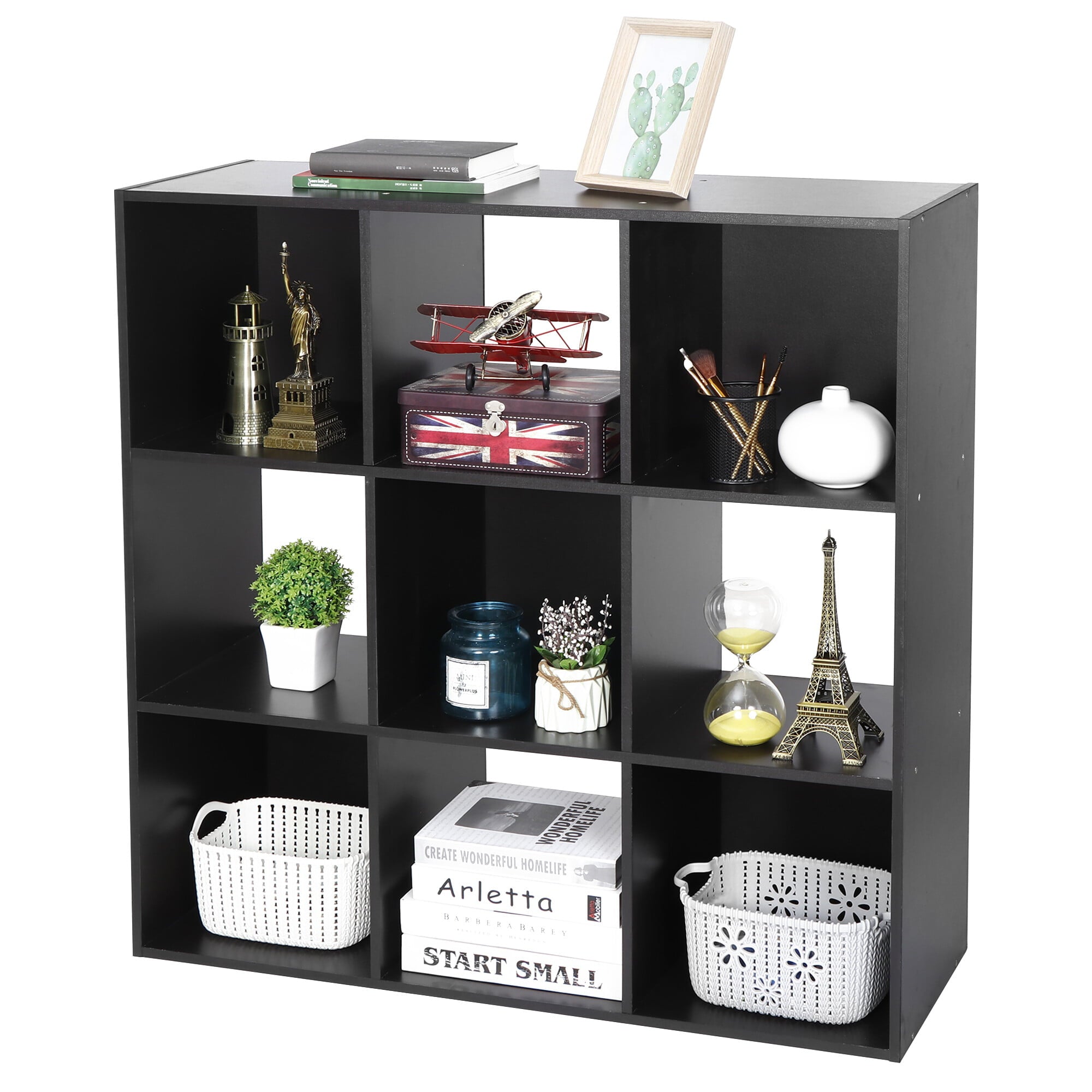 HomGarden 3-Tier 9 Cube Storage Organizer, Wood Bookcase Cabinet Bookshelf W/ Back Panels for Home, Office, Entryway, Living Room - Black