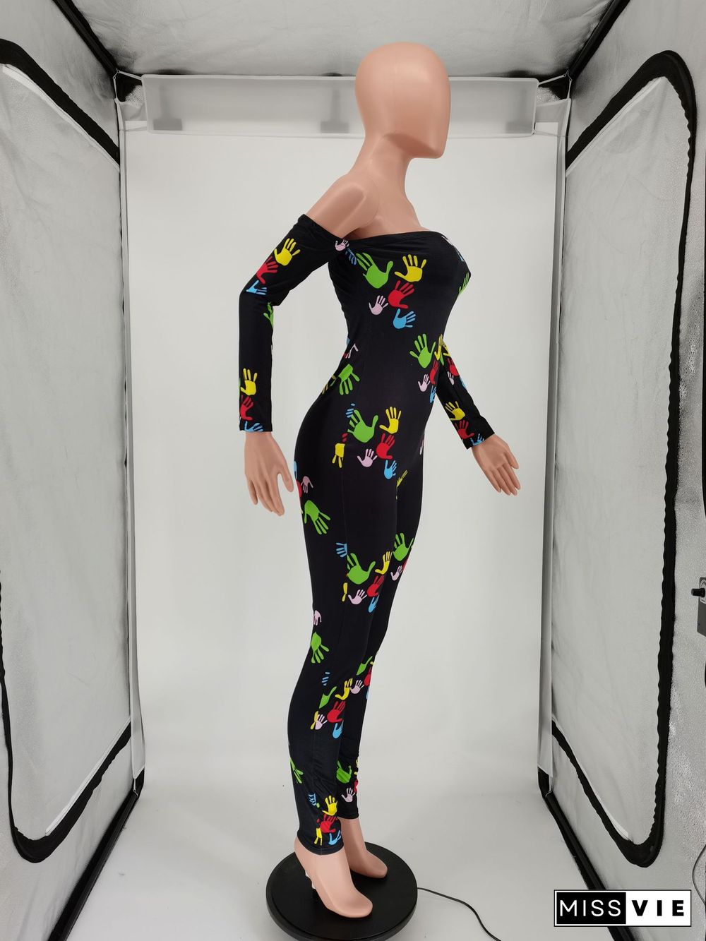 Sexy Print Off-shoulder Long Sleeve Mid-waist Bodycon Jumpsuit