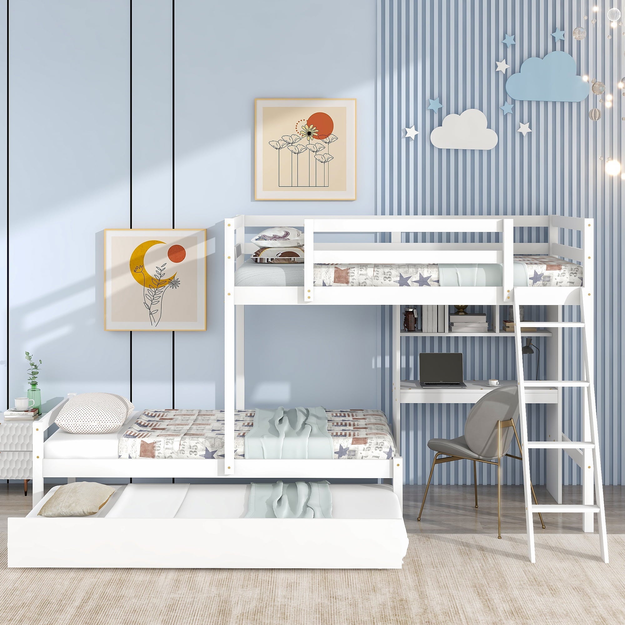 EUROCO Twin over Twin Bunk Bed with Desk and Trundle for Kids Bedroom, White