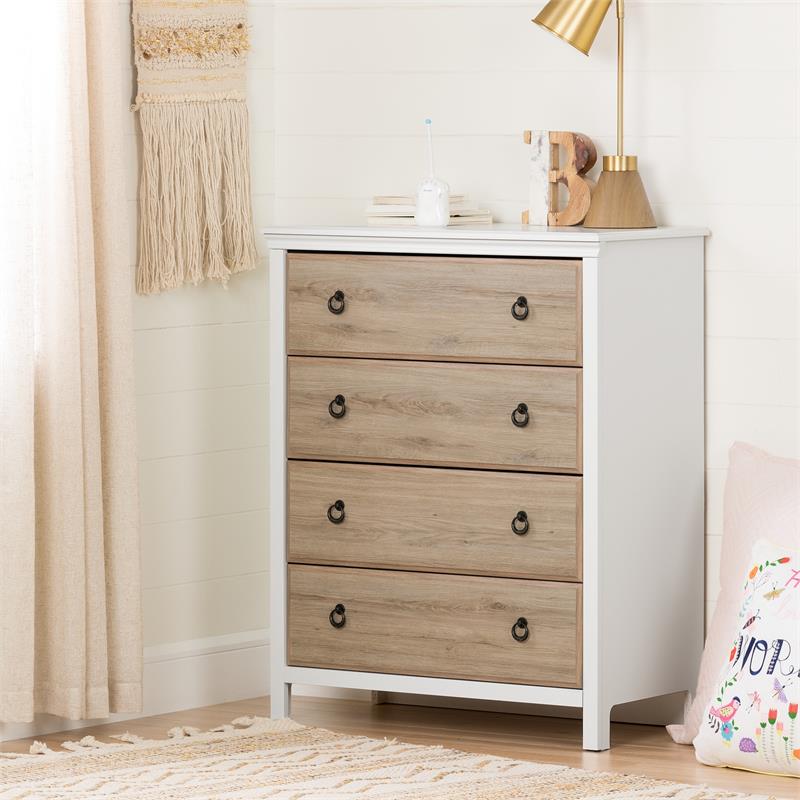 Pemberly Row Traditional Wood 4-Drawer Chest in Pure White and Rustic Oak