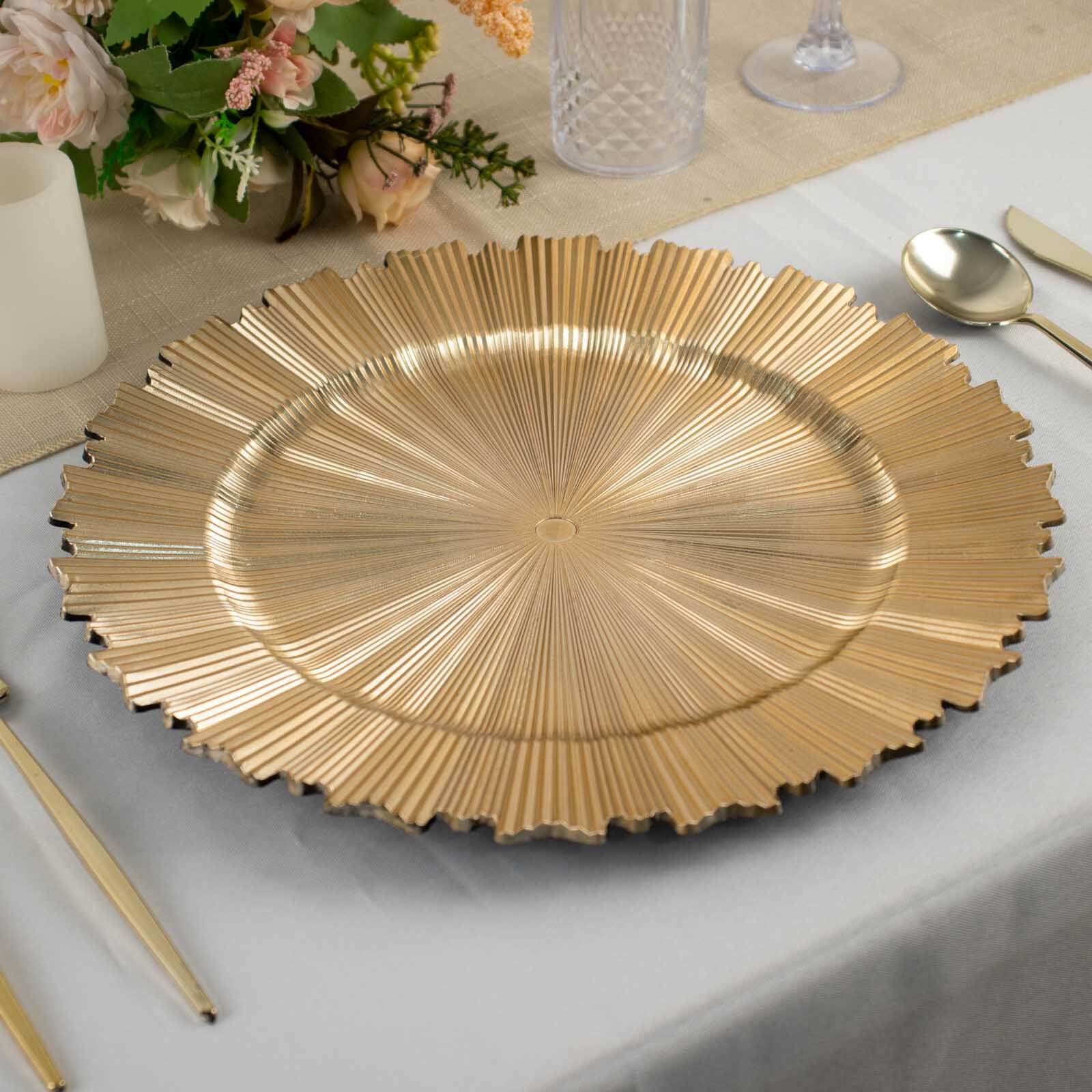 6 Pack Metallic Gold Sunray Acrylic Plastic Serving Plates, Round Scalloped Rim Disposable Charger Plates 13