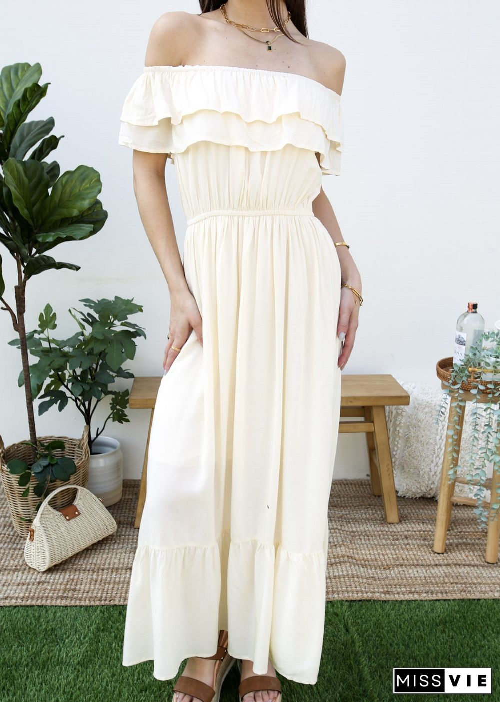 Grecian Ruffle Stretch Maxi Long Dress