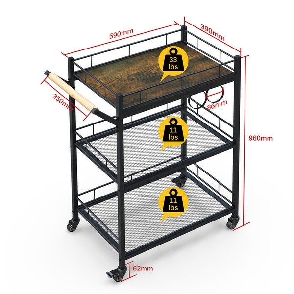 3 Tier Metal Rolling Storage Cart， Kitchen Server Cart Pantry Cart with Wheels Wood Look Top， Mesh Shelves，Rolling Utility Cart