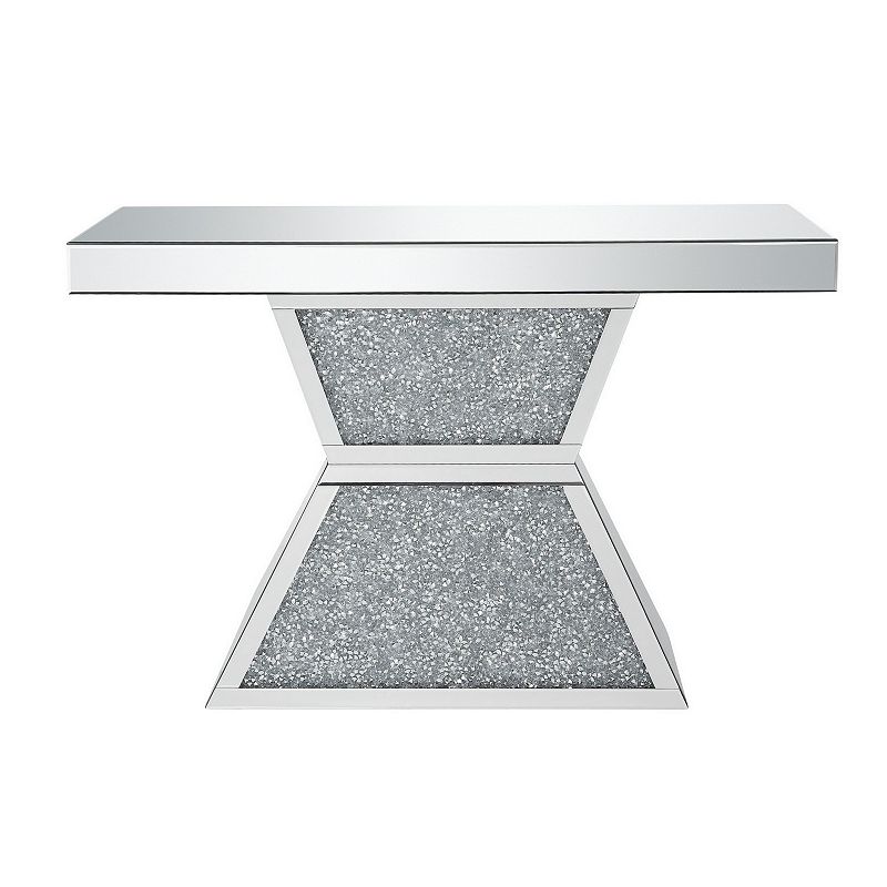 47 Inches Glass Top Console Table with Faux Stone Inlay， Silver