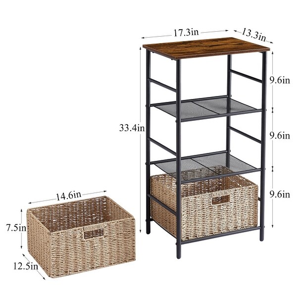 Industrial 4-Tier End Table with Mesh Shelves and 2 Wicker Storage Basket， Brown