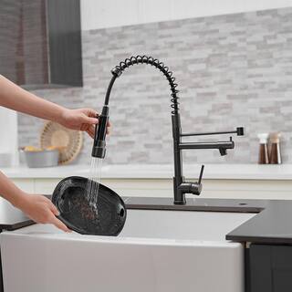 FLG Double Handle Commercial Pull Down Sprayer Kitchen Faucet Single-Hole Brass Sink Taps in Oil Rubbed Bronze CC-0142-ORB