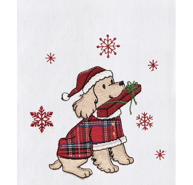 C amp f Home Festive Dog With Present Christmas Holiday Machine Washable Embellished Flour Sack Kitchen Towel 27l X 18w In