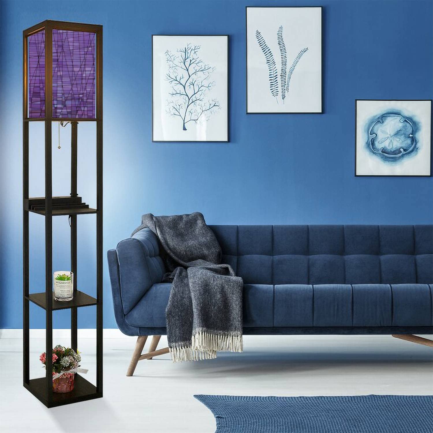 SHADY Abstract Stained Glass Mosaic  Violet Floor Lamp with Shelves USB Ports &amp; Power Outlet Linen Fabric Shade Corner Standing Lamp for Living Room