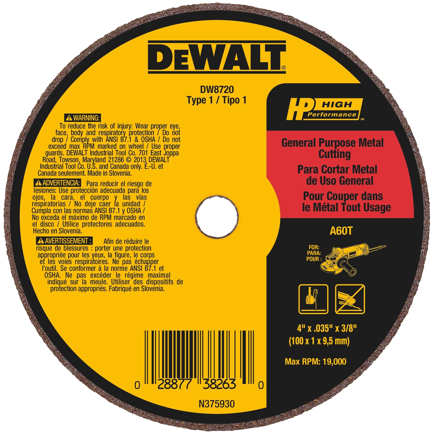 DW High Performance 4 in. D X 3/8 in. Aluminum Oxide Cut-Off Wheel 1 pc