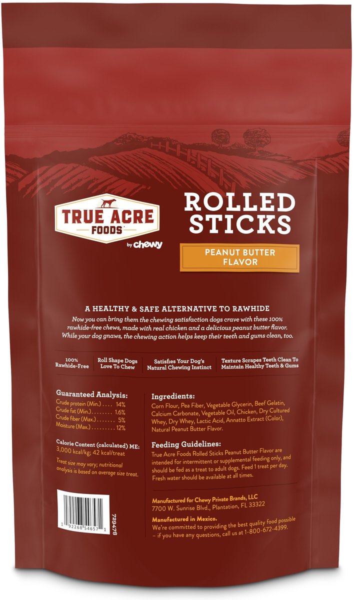 True Acre Foods Rawhide-Free Rolled Sticks Peanut Butter Flavor Dog Treats