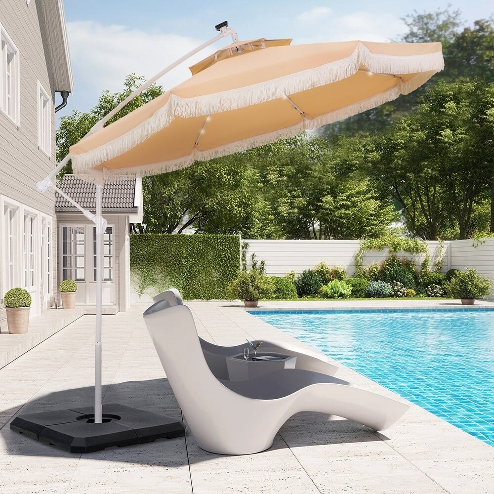 Outdoor 10Ft Double Top Crank Umbrella Patio Cantilever Umbrella with Fringe Tassel and LED Lights