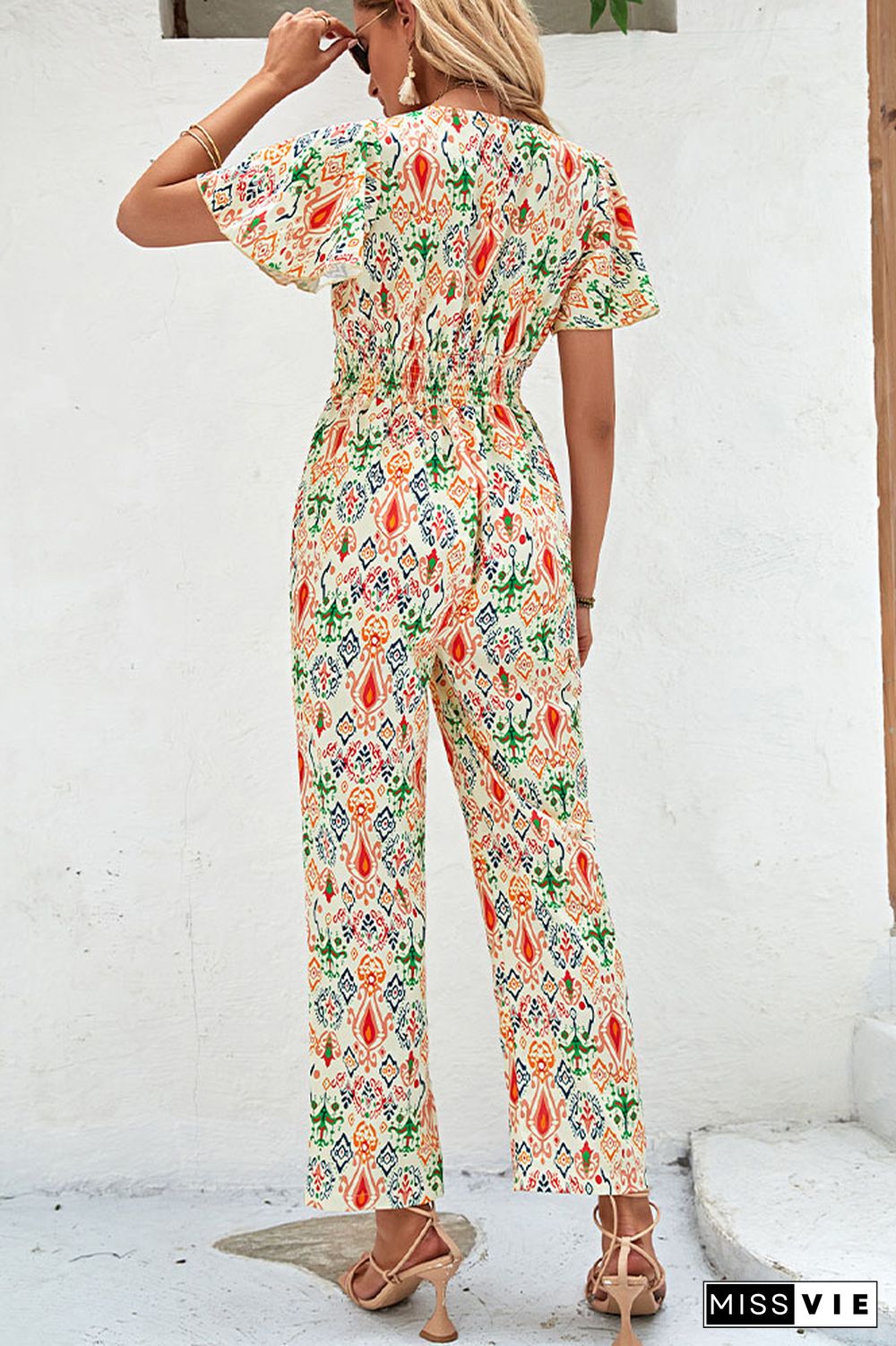 V Neck High Wasit Printed Jumpsuit