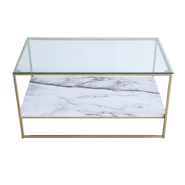 Roomfitters 2 Tier White Faux Marble Print Coffee Table with Glass Top