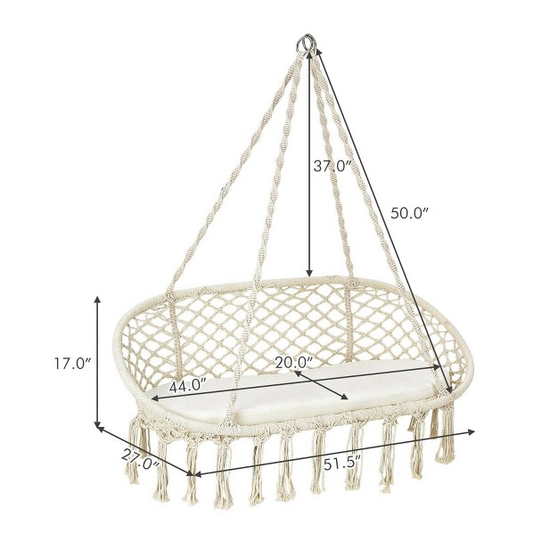 Costway 2 Person Hanging Hammock Chair With Cushion Macrame Swing 330 Lbs Capacity