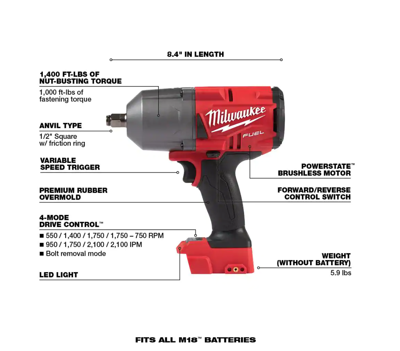 Milwaukee 2767-20-49-16-2767 M18 FUEL 18V Lithium-Ion Brushless Cordless 1/2 in. Impact Wrench with Friction Ring With Protective Boot