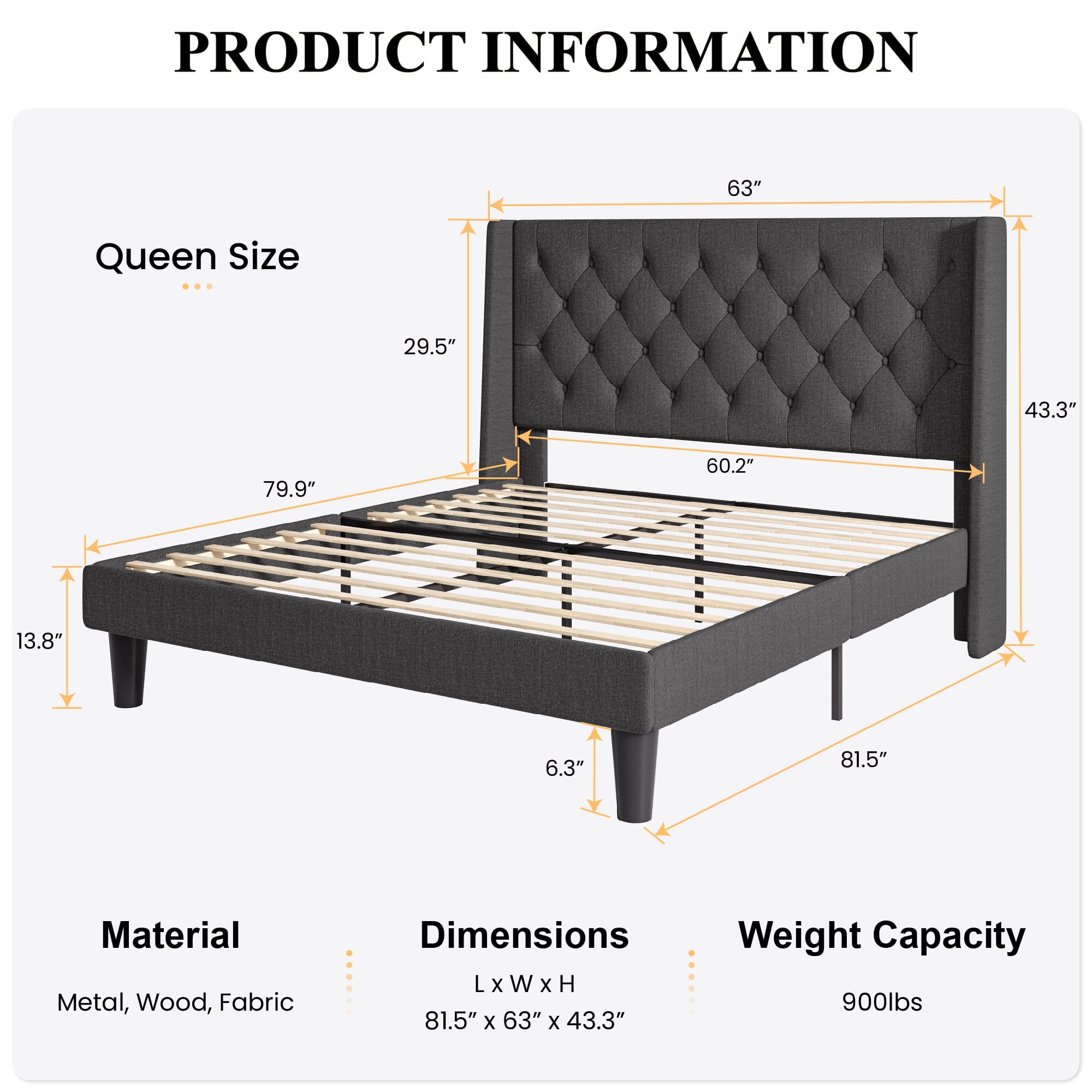 SHA CERLIN Queen Platform Bed Frame with Wingback and Button Tufted Headboard, Dark Grey