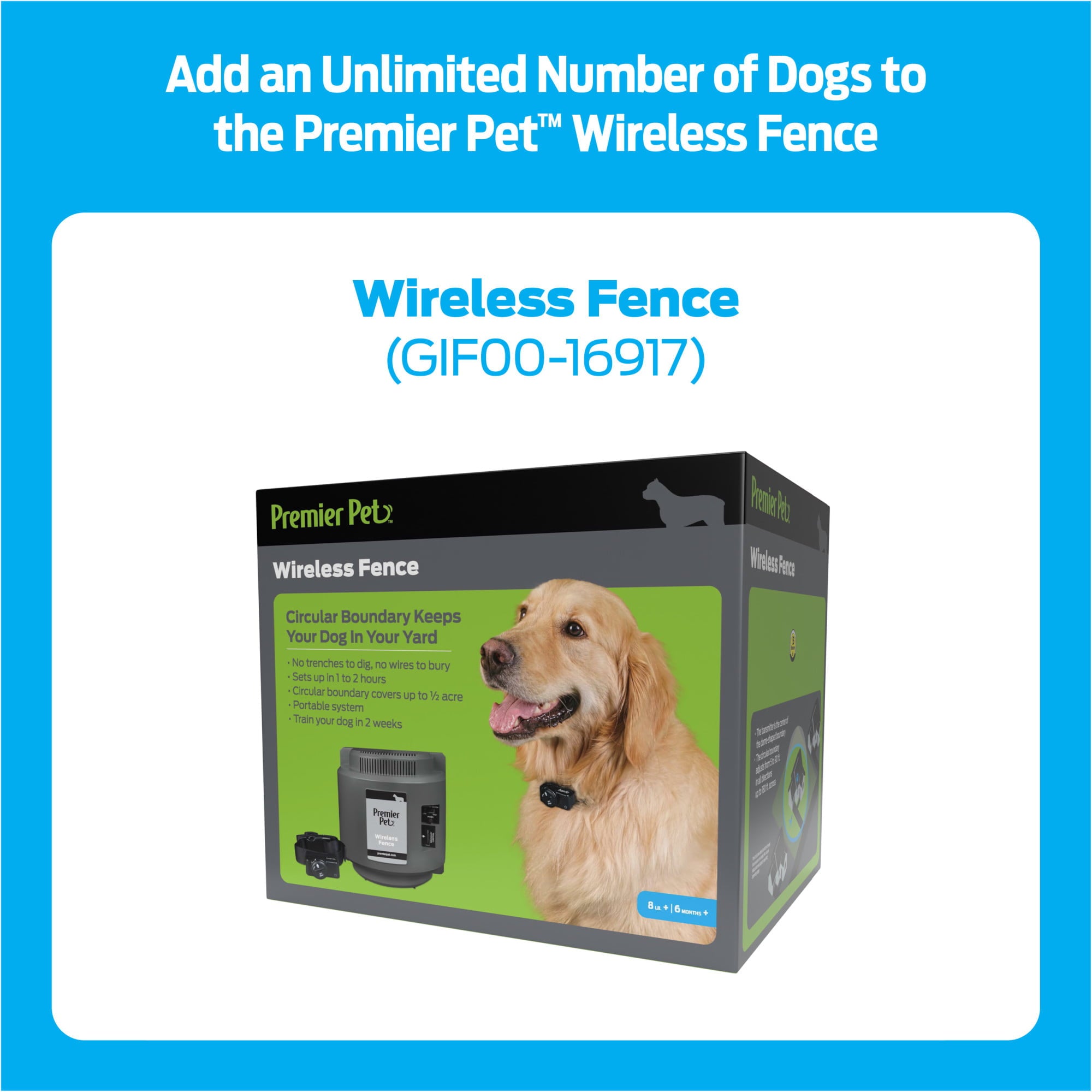 Premier Pet Wireless Add-A-Dog: Adds Unlimited Dogs to Premier Pet Wireless Fence， Additional or Replacement Collar， Adjustable， Waterproof， Tone and Static Correction， Low Battery Indicator