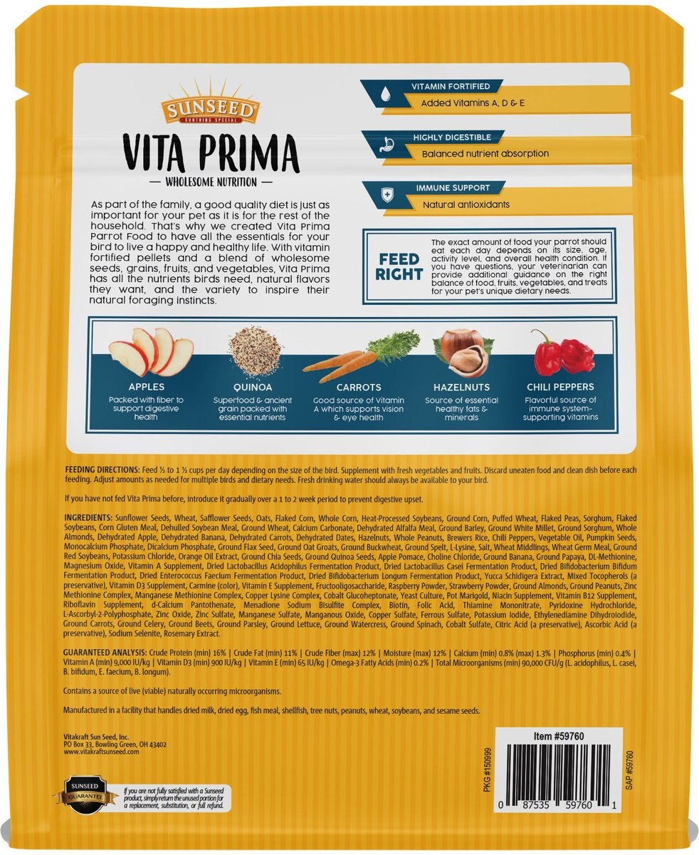 Sunseed Vita Prima Parrot Food， 4-lb bag