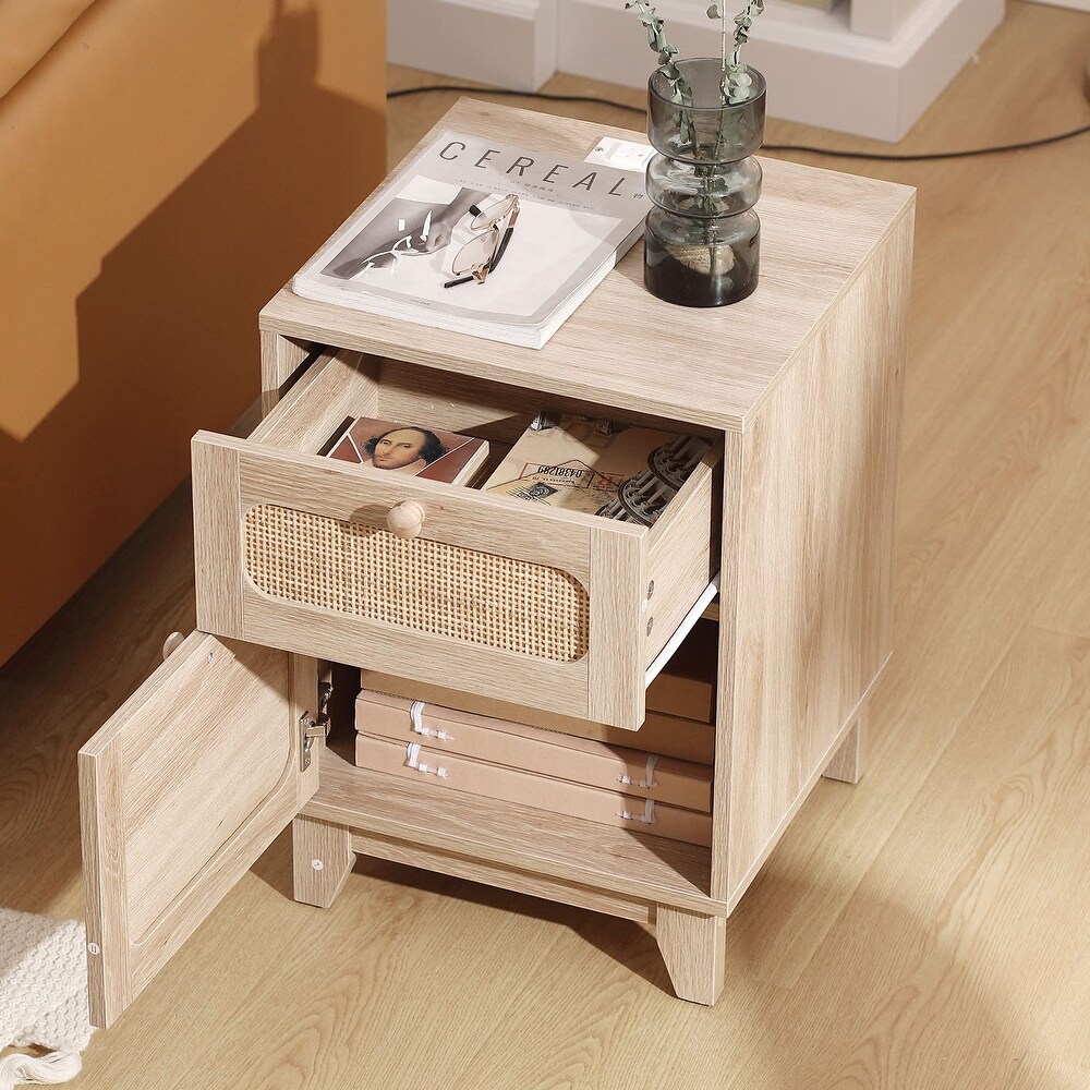 Rattan Nightstand with Charging Station  Boho Side Table with Handmade Rattan Decorated Drawer and Door