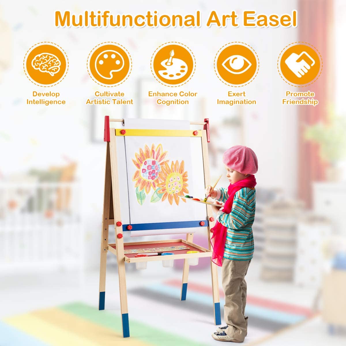 Costzon 3 in 1 Kids Art Easel with Paper Roll, Double Sided Adjustable Chalkboard & White Dry Erase with 4 Drawing Board Clips