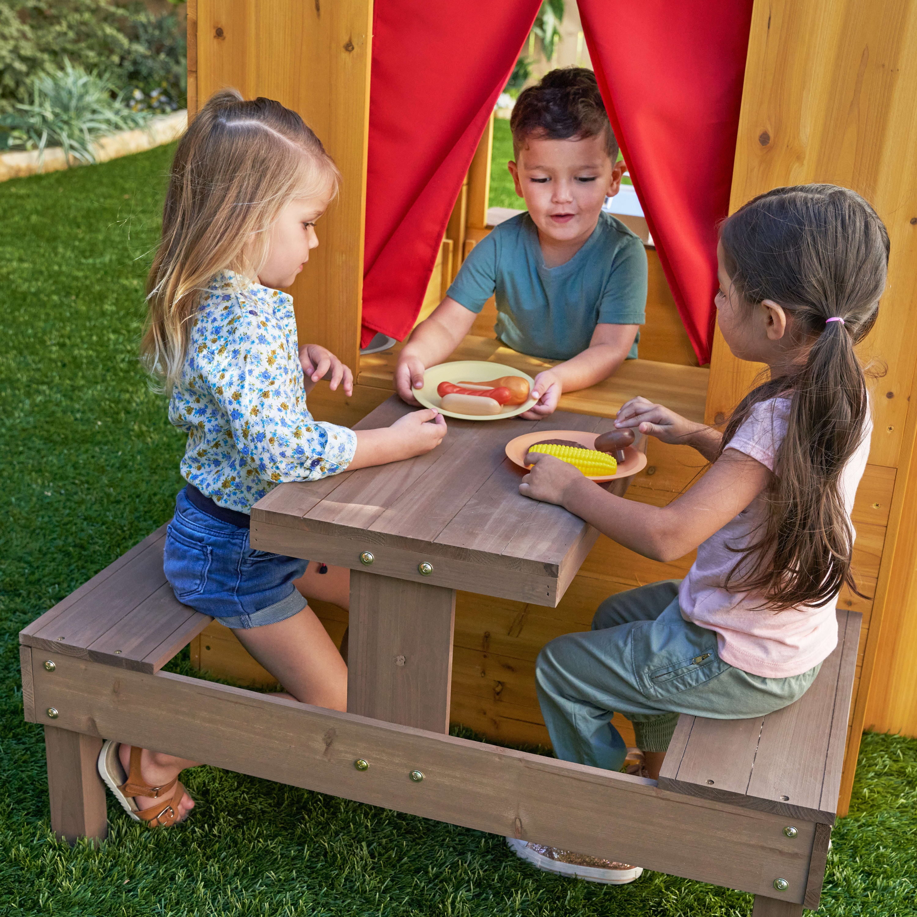 KidKraft Modern Outdoor Wooden Playhouse with Picnic Table, Mailbox and Outdoor Grill