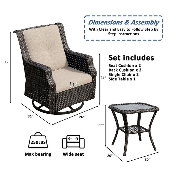 Cozywor 3Piece Wicker Patio Swivel Rocking Chair Outdoor Bistro Set