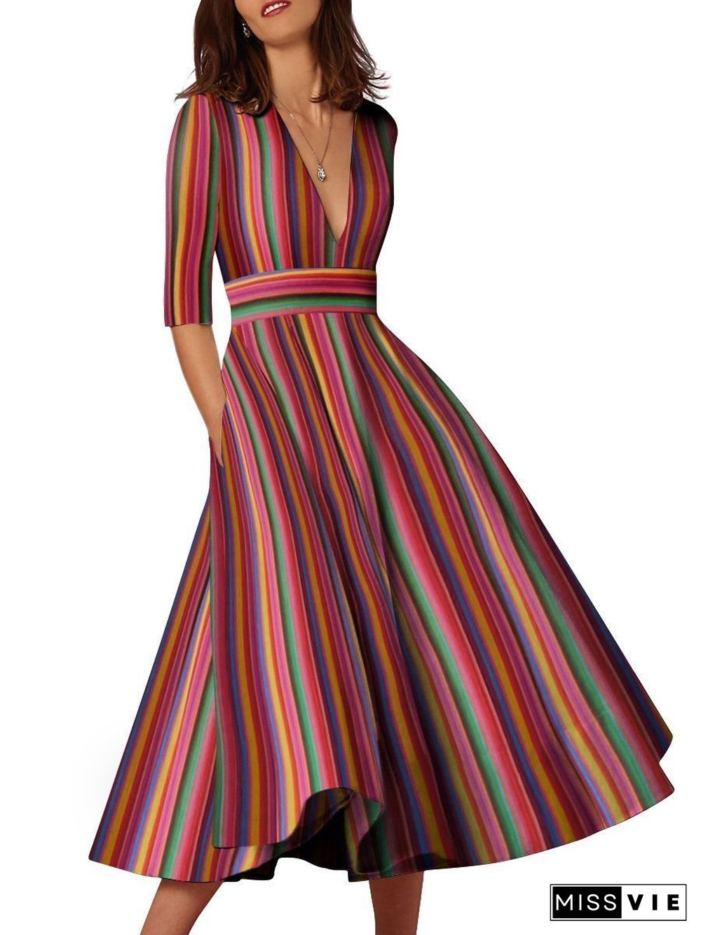 Multicolor Stripe Sexy Deep V-Neck Plus Size Maxi Dress