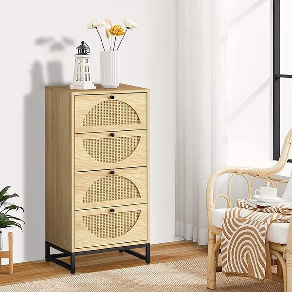 Boho Dresser Tower， Free Standing Storage Cabinet with 4 Rattan Drawers， Hallway Wooden Tall Storage Dressers Drawer Units - - 35711439