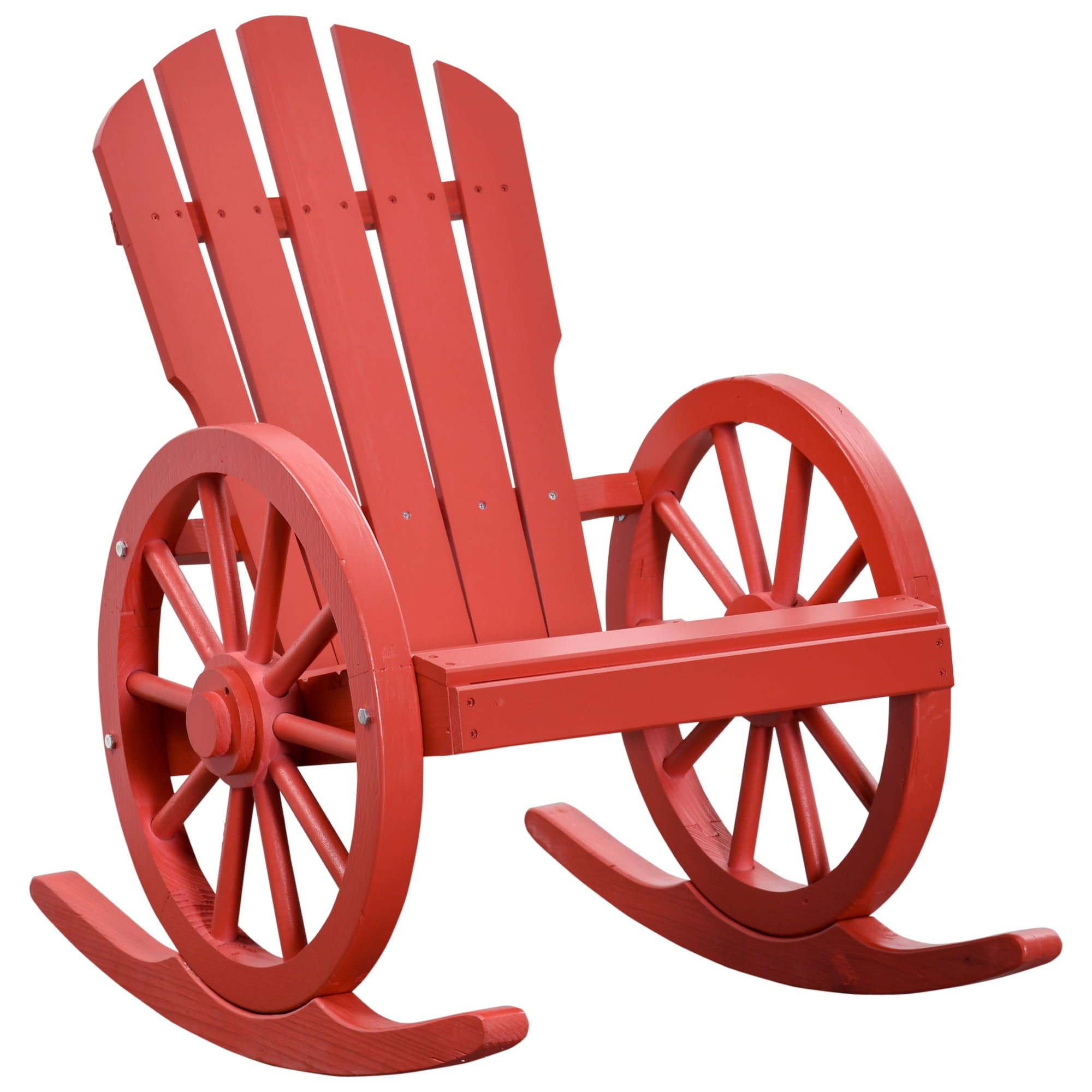 Outsunny Wooden Rocking Chair, Adirondack Rocker Chair w/ Slatted Design, and Oversize Back, Outdoor Rocking Chairs with Wagon Wheel Armrest for Porch, Poolside, and Garden, Red