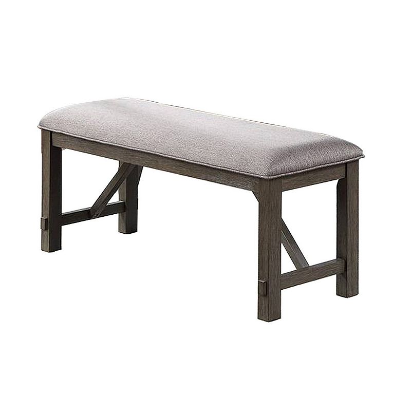 Lexi 50 Inch Dining Bench， Fabric Padded Seat， Rubberwood， Gray， Dark Brown