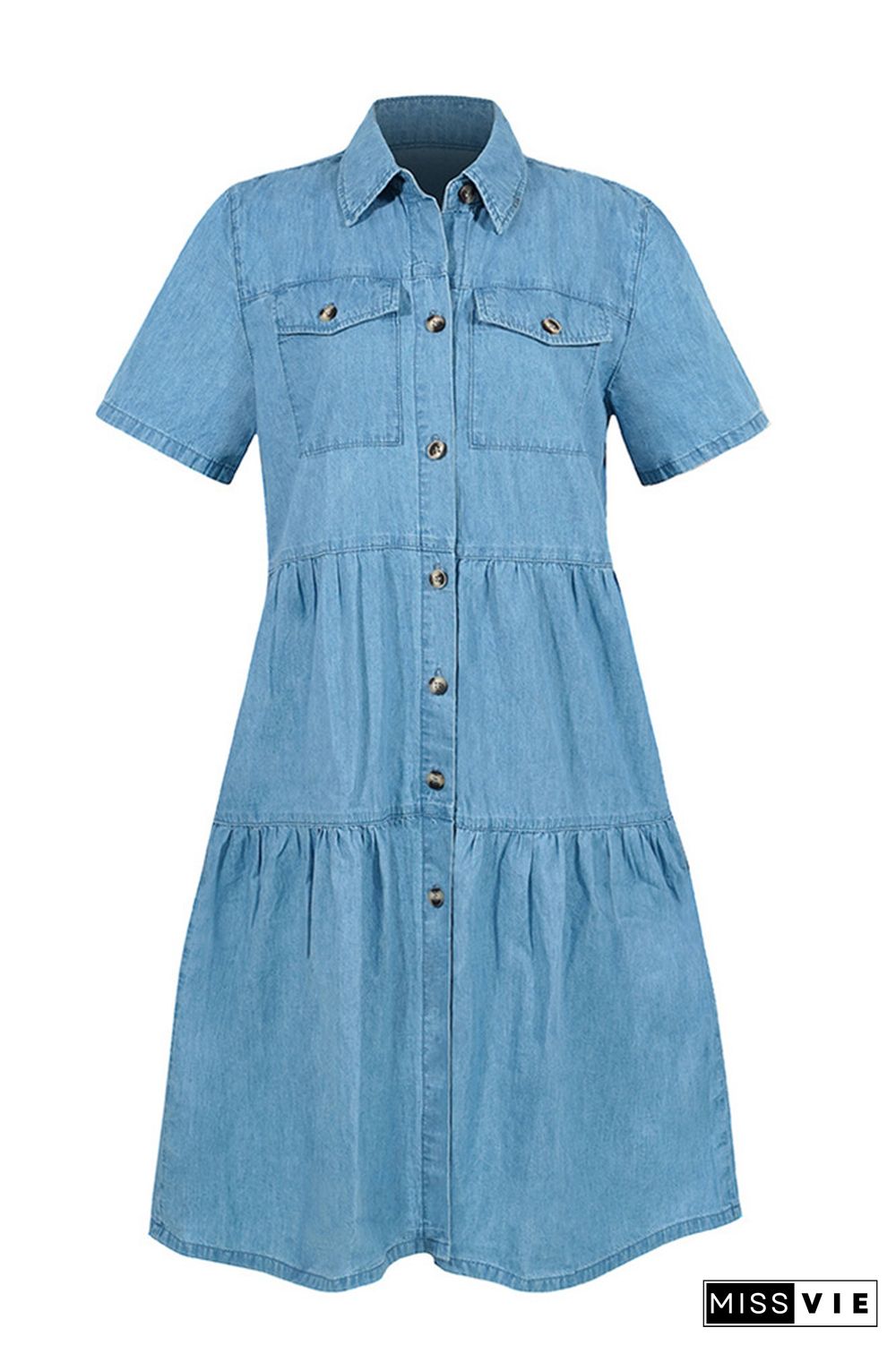 Blue Washed Denim Open Button Tiered Dress