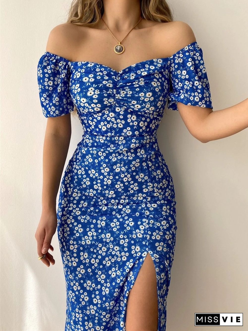 Women's Floral Boho Dress Buttock Slit One Line Collar Dress Classic Floral Temperament Thin Dress Vestido Feminino