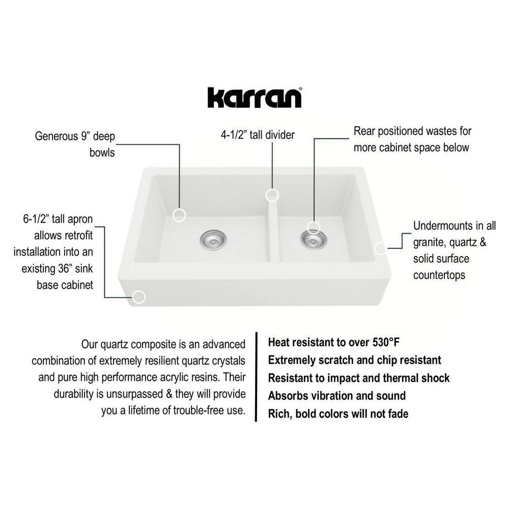 Karran QAR-760 QuartzGranite 34 in. Double Bowl 6040 Retrofit FarmhouseApron Front Kitchen Sink in white wGrid and Strainer QAR-760-WH-PK1