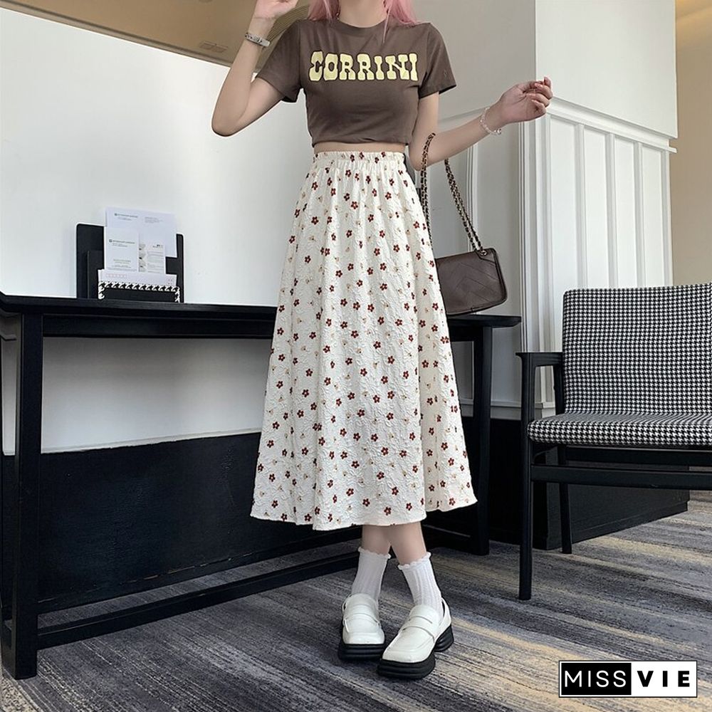 Chic Slim Women Floral Skirts Summer Vintage High Waist Elastic A-line Midi Skirts Female Casual Korean Elegant Sweet Clothing