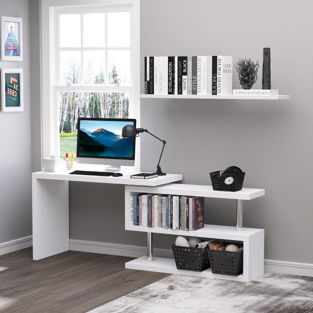 Homcom 360 Rotating Corner Computer Desk Modern L shaped Home Office Workstation With 2 Storage Shelves Bookshelf White