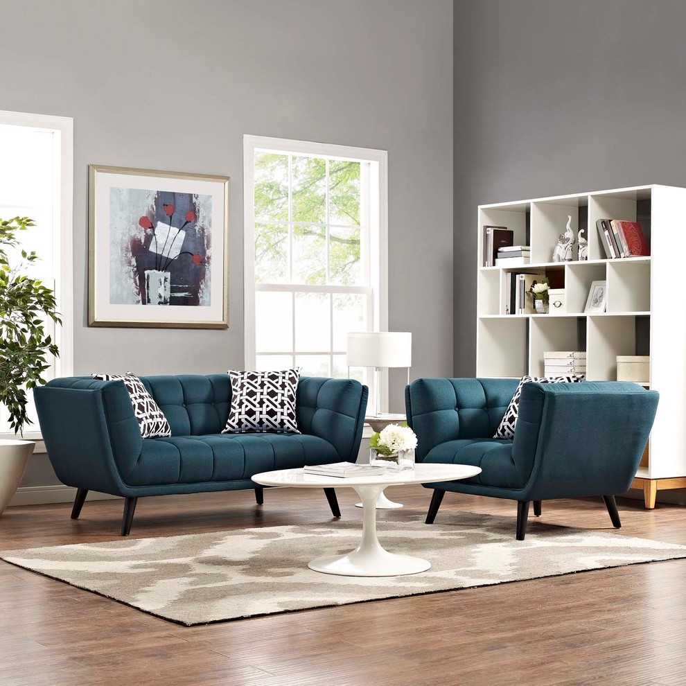 Bestow 2 Piece Upholstered Loveseat and Armchair Set  Blue   Midcentury   Living Room Furniture Sets   by Kolibri Decor  Houzz