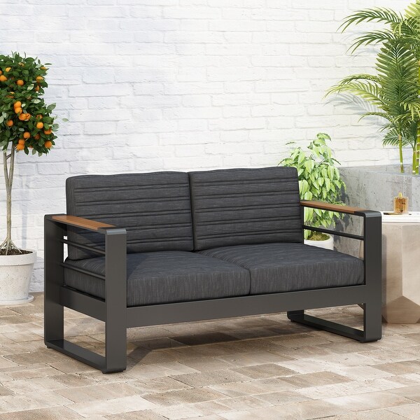 Giovanna Outdoor Black Aluminum Loveseat with Charcoal Cushions by Christopher Knight Home