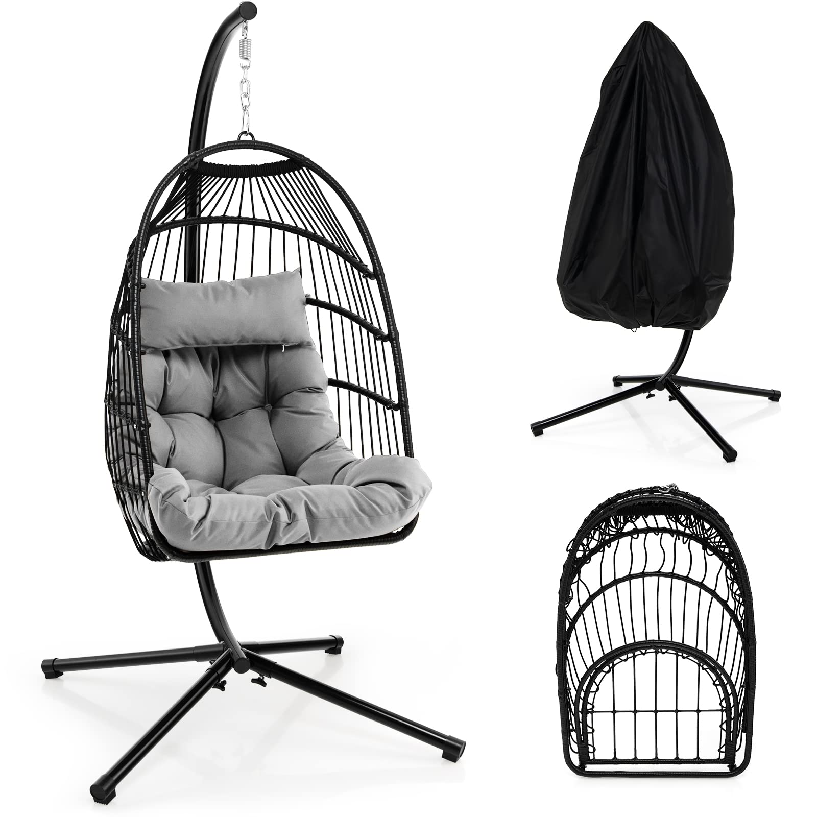 Giantex Egg Chair with Stand, Hanging Basket Chair Hammock Chair w/ Steel Stand Pillow Seat Cushion Rattan Basket & Dust Cover