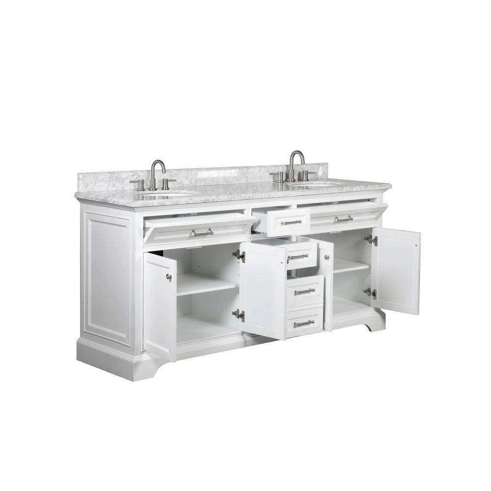 Home Decorators Collection Windlowe 73 in. W x 22 in. D x 35 in. H Freestanding Bath Vanity in White with Carrara White Marble Marble Top 15101-VS73C-WT