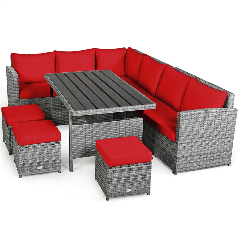 7 Pcs Rattan Patio Dining Furniture Sectional Sofa Set with Dining Table, Ottomans & Cushions