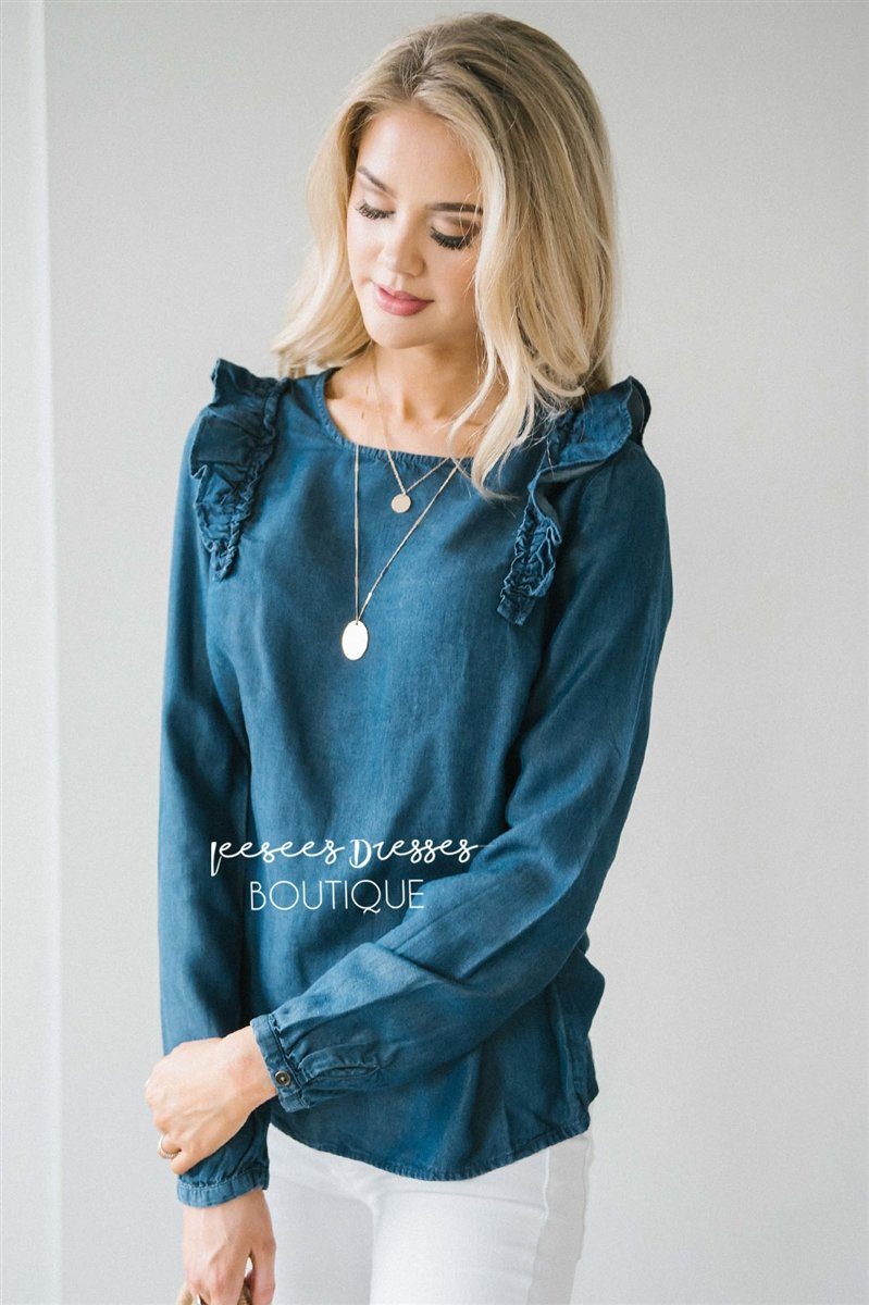 Ruffle Shoulder Long Sleeve Chambray Top