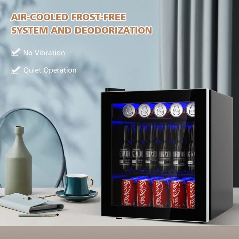 60-Can Mini Drink Fridge 1.6 Cu.Ft Beverage Refrigerator Cooler with Glass Door & Adjustable Shelf, Blue LED Light