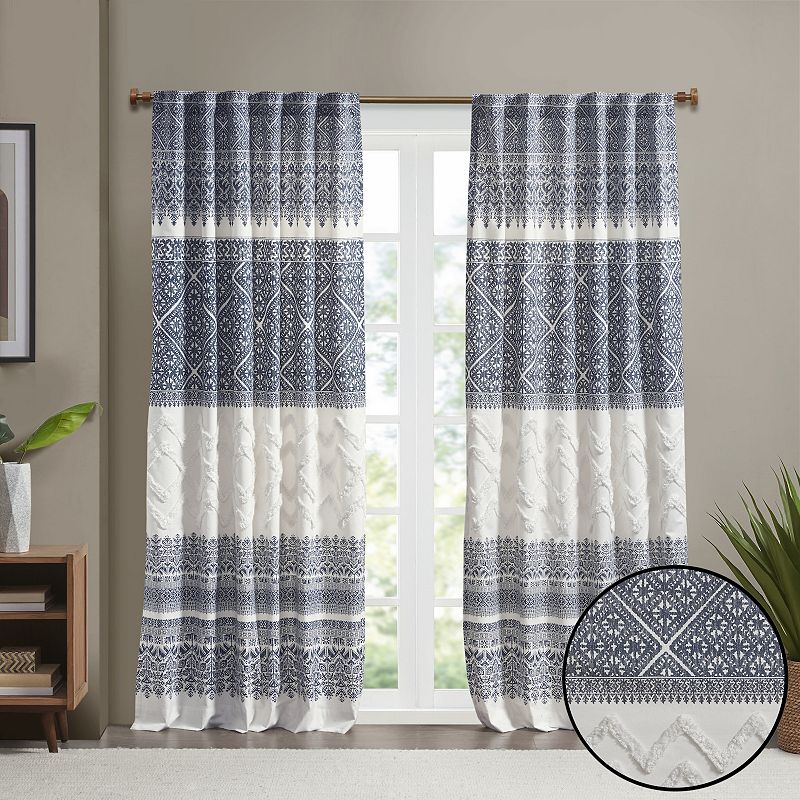 INK+IVY Mila Cotton Light Filtering Printed Rod Pocket 1 Window Curtain Panel with Chenille Detail