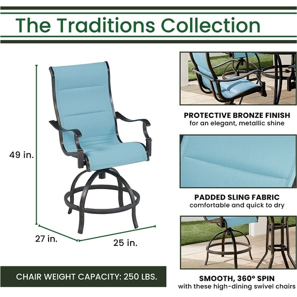 Hanover Traditions 5Piece HighDining Set in Blue with 4 Padded CounterHeight Swivel Chairs and 40，000 BTU Fire Pit Table