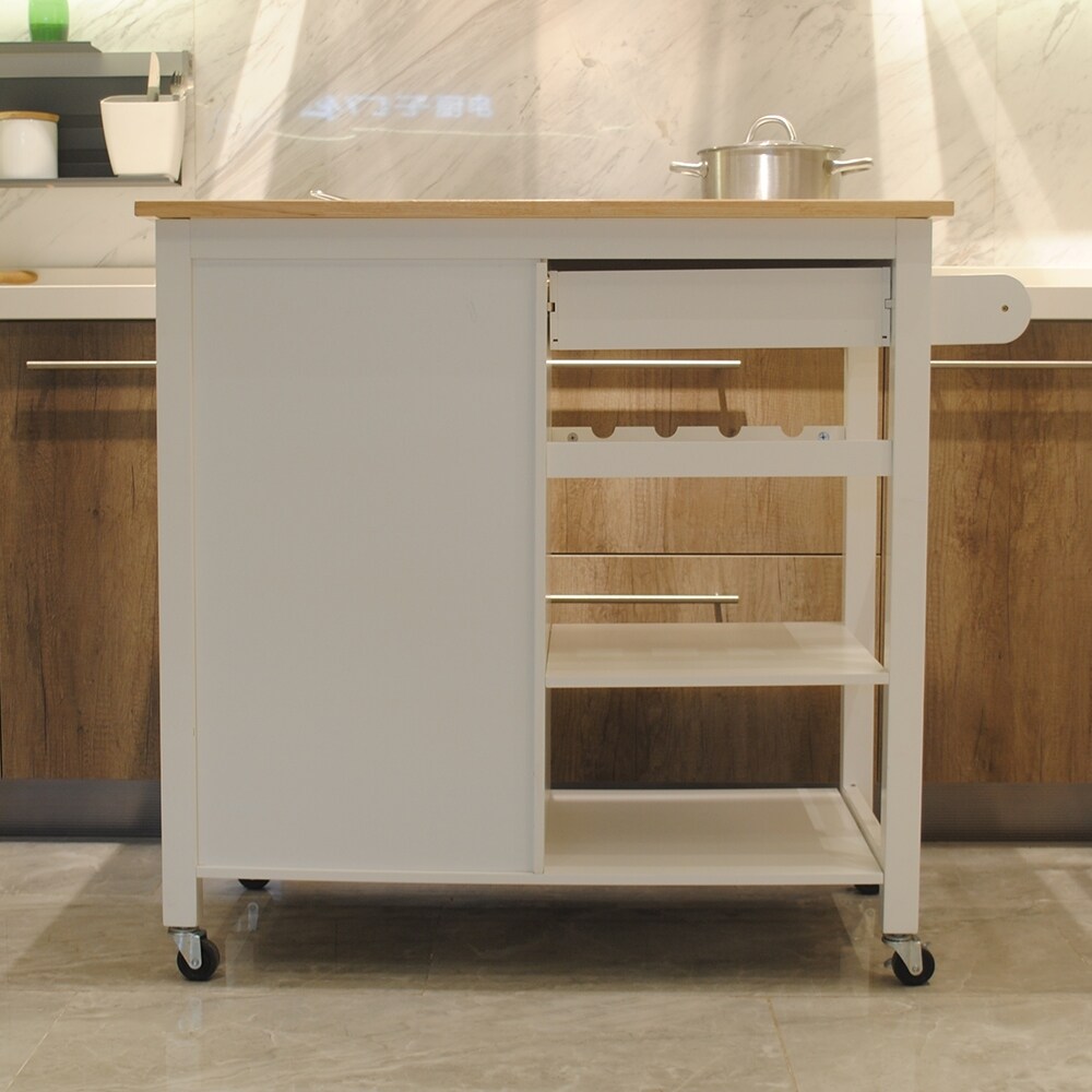 2 tier Open White Shelves Kitchen Island Cart  Movable Kitchen Shelf
